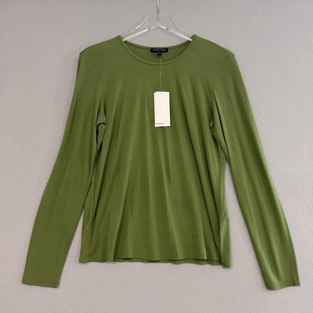 Eileen Fisher Stretch Silk Top Medium Green Long Sleeve Quiet Luxury